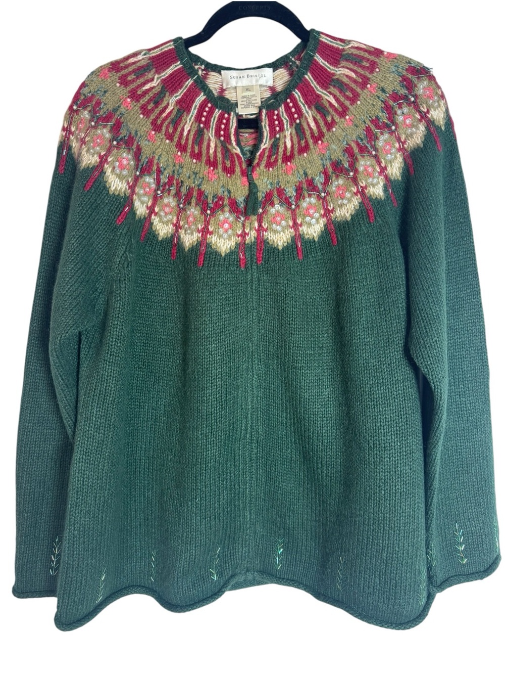 Susan Bristol Dark Green Fair Isle Nordic Yoke Zip Up XL Cardigan